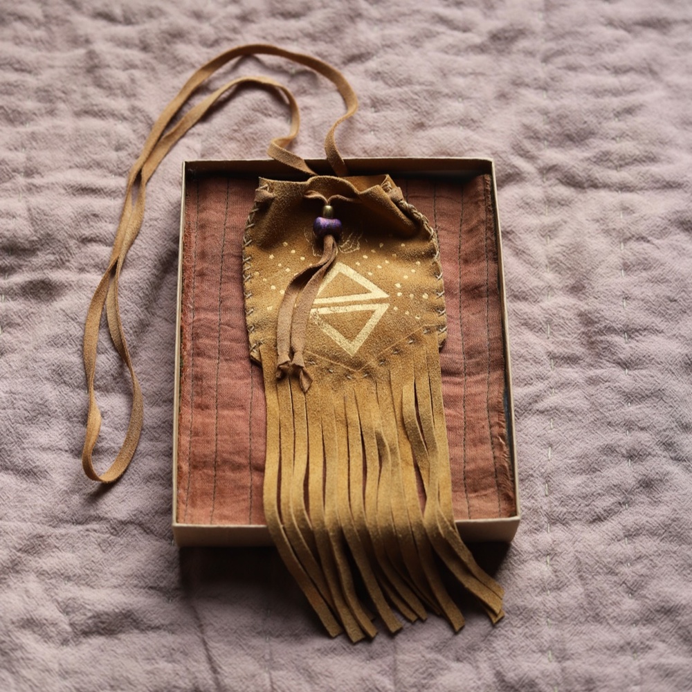 Ritual talisman pouch boho necklace with fringe. Natural suede. NWT
